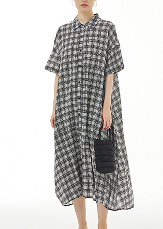 Plus Size Black Plaid Button Cotton Maxi Dresses Summer - Image 2