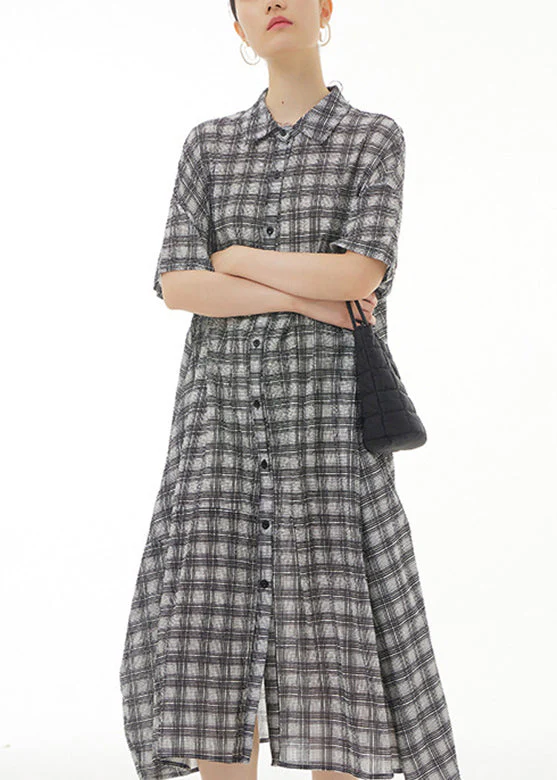 Plus Size Black Plaid Button Cotton Maxi Dresses Summer - Image 3
