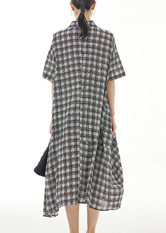 Plus Size Black Plaid Button Cotton Maxi Dresses Summer - Image 4