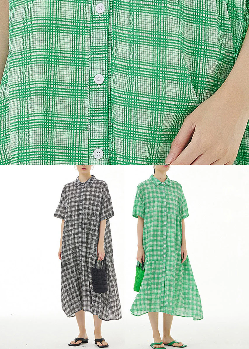 Plus Size Black Plaid Button Cotton Maxi Dresses Summer - Image 5