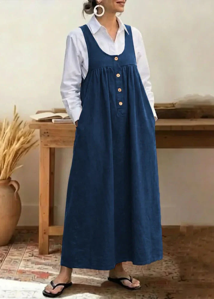 Plus Size Black Pockets Patchwork Cotton Strap Dress Sleeveless - Image 5
