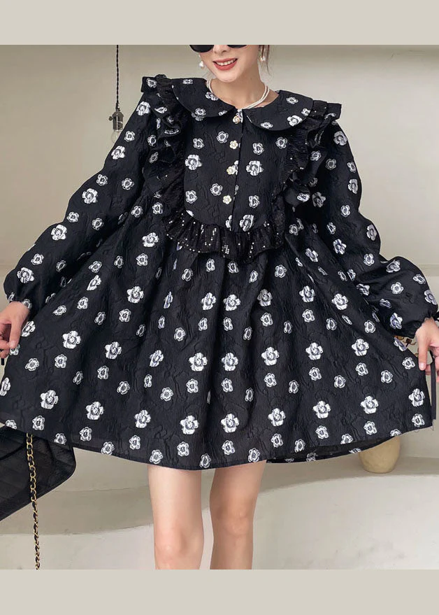 Plus Size Black Print Floral Ruffled Mini Dress Spring - Image 2