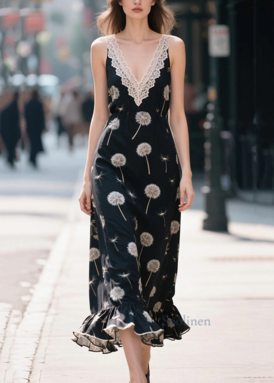 Plus Size Black Print Patchwork Chiffon Robe Dresses Summer - Image 3