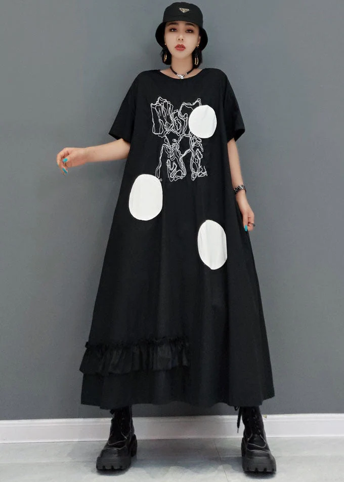 Plus Size Black Ruffled Patchwork Dot Print Cotton Streetwear Dresses Short Sleeve - Image 2