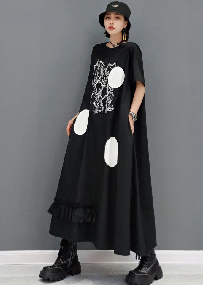 Plus Size Black Ruffled Patchwork Dot Print Cotton Streetwear Dresses Short Sleeve - Image 3