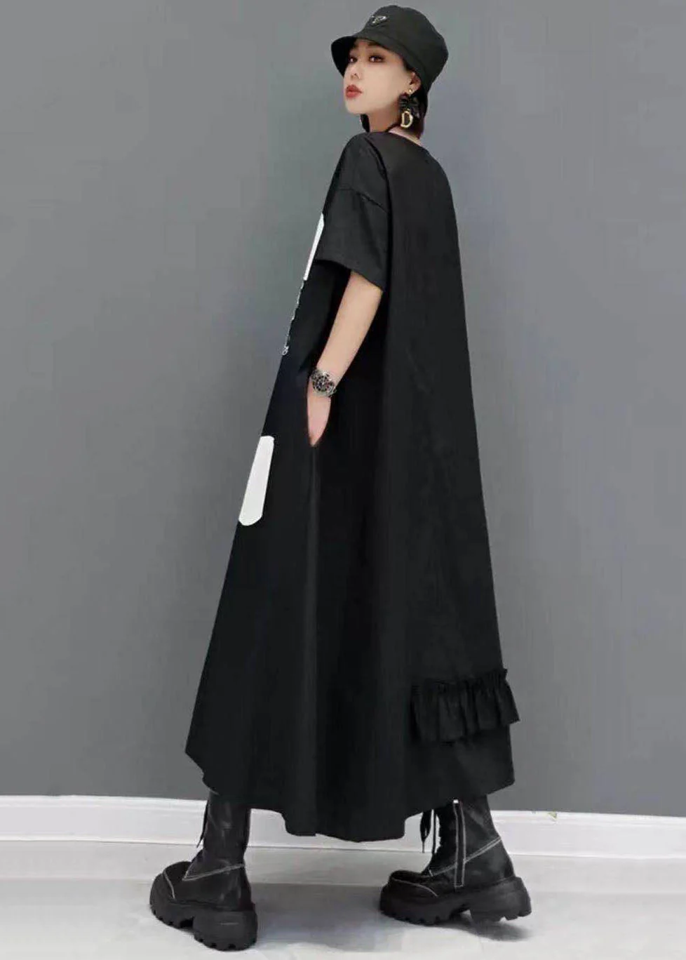 Plus Size Black Ruffled Patchwork Dot Print Cotton Streetwear Dresses Short Sleeve - Image 4