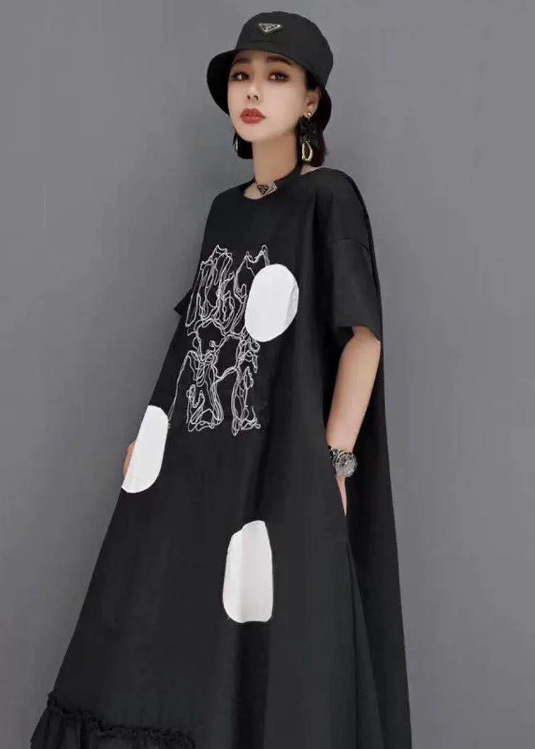 Plus Size Black Ruffled Patchwork Dot Print Cotton Streetwear Dresses Short Sleeve - Image 5