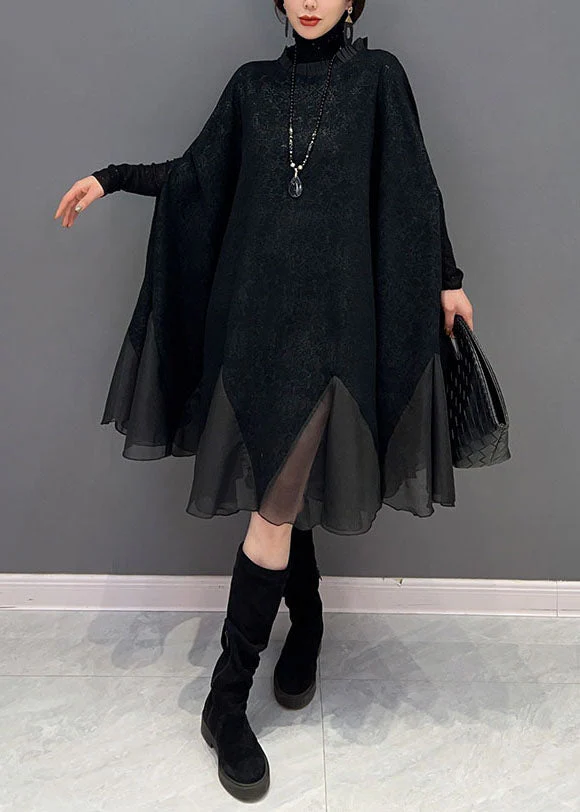 Plus Size Black Ruffled Patchwork Organza Dress Batwing Sleeve - Image 2