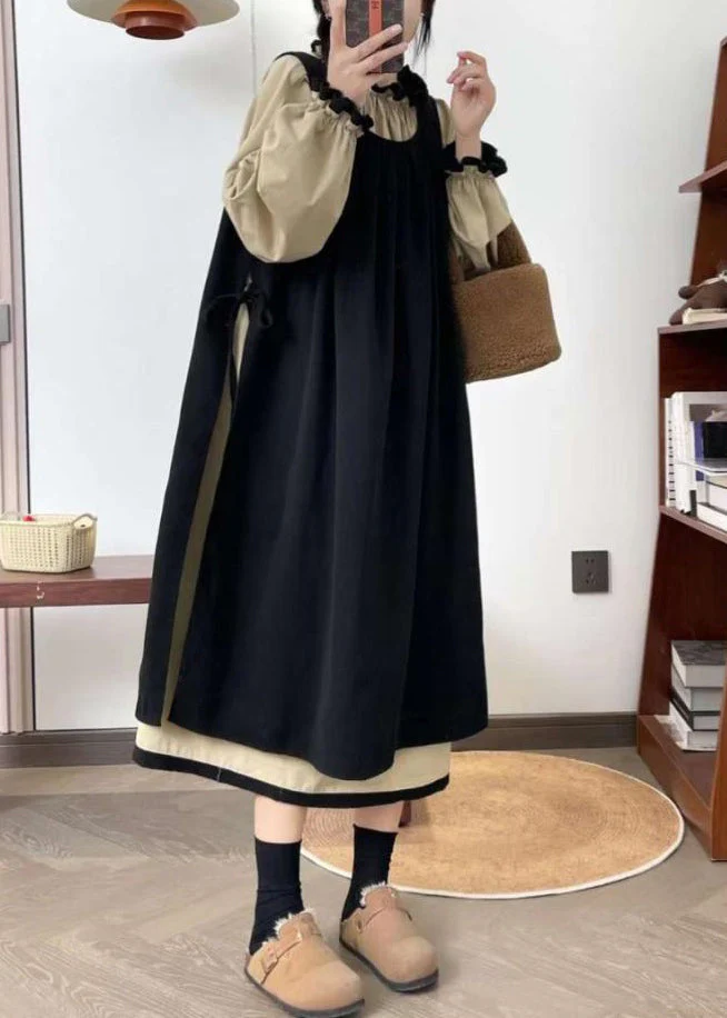 Plus Size Black Ruffled Waistcoat Dress And Dress Cotton Two Pieces Set Spring - Image 4