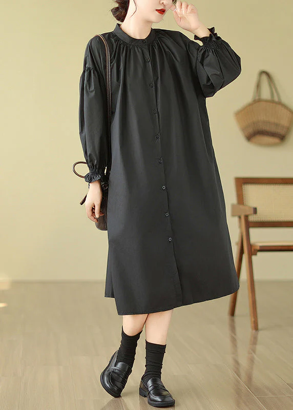Plus Size Black Stand Collar Button Patchwork Cotton Shirts Dress Lantern Sleeve - Image 3