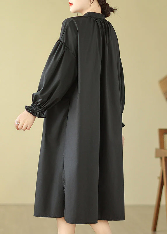 Plus Size Black Stand Collar Button Patchwork Cotton Shirts Dress Lantern Sleeve - Image 4
