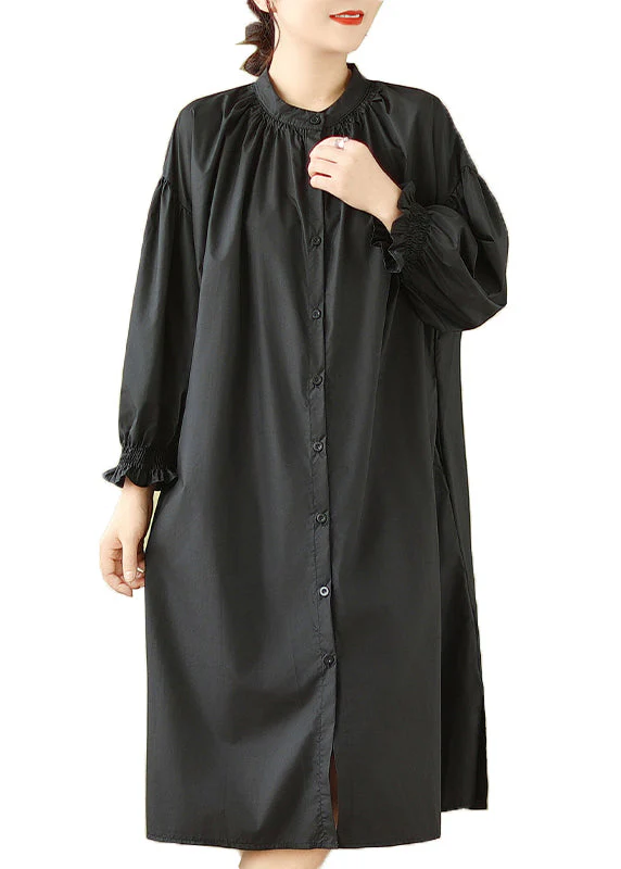 Plus Size Black Stand Collar Button Patchwork Cotton Shirts Dress Lantern Sleeve - Image 5
