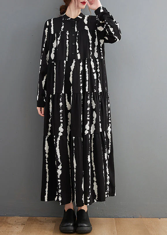 Plus Size Black Stand Collar Print Button Maxi Shirts Dresses Fall - Image 2
