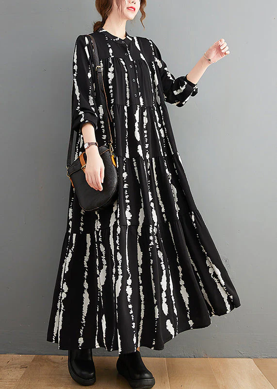 Plus Size Black Stand Collar Print Button Maxi Shirts Dresses Fall - Image 3