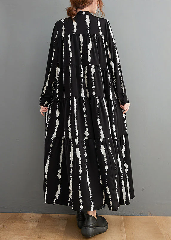 Plus Size Black Stand Collar Print Button Maxi Shirts Dresses Fall - Image 4