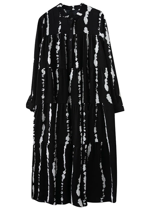 Plus Size Black Stand Collar Print Button Maxi Shirts Dresses Fall - Image 5