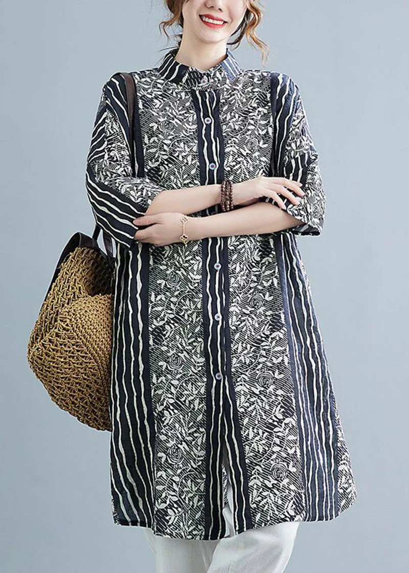 Plus Size Black Stand Collar Print Linen Shirt Dress Summer - Image 2
