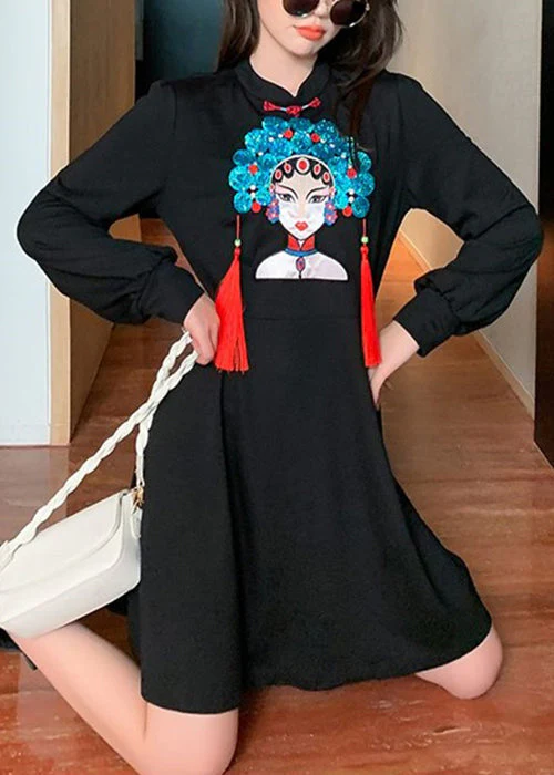 Plus Size Black Tasseled Print Patchwork Cotton Dress Fall - Image 2