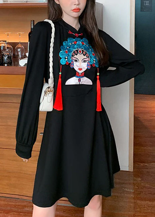 Plus Size Black Tasseled Print Patchwork Cotton Dress Fall - Image 3