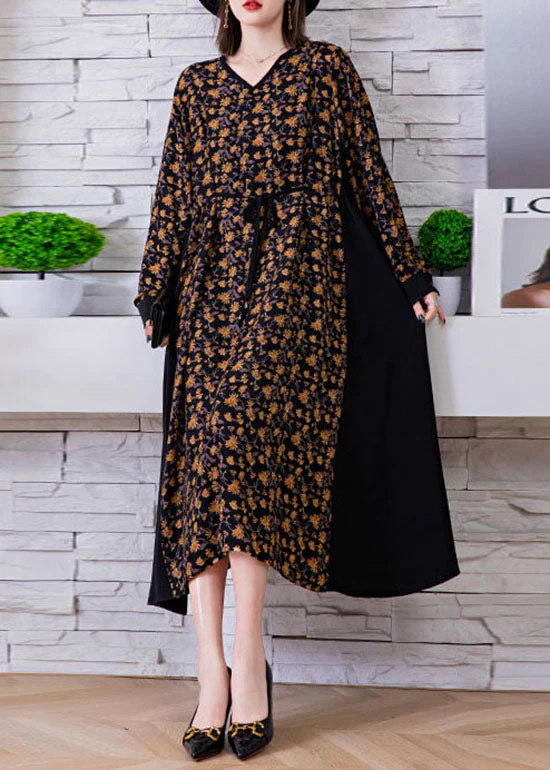 Plus Size Black tie waist V Neck print Patchwork Silk Holiday Dress Spring - Image 2