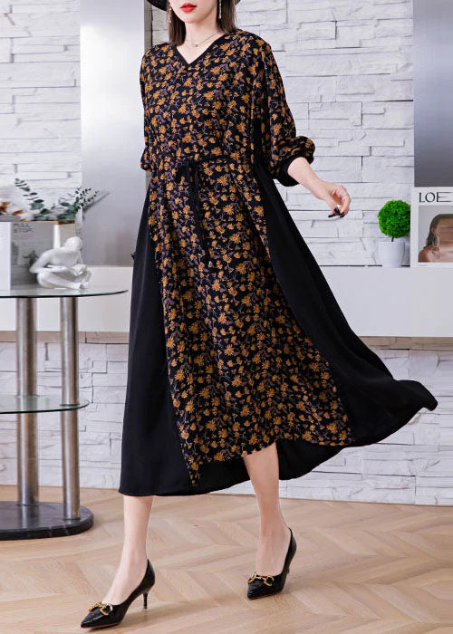 Plus Size Black tie waist V Neck print Patchwork Silk Holiday Dress Spring - Image 3