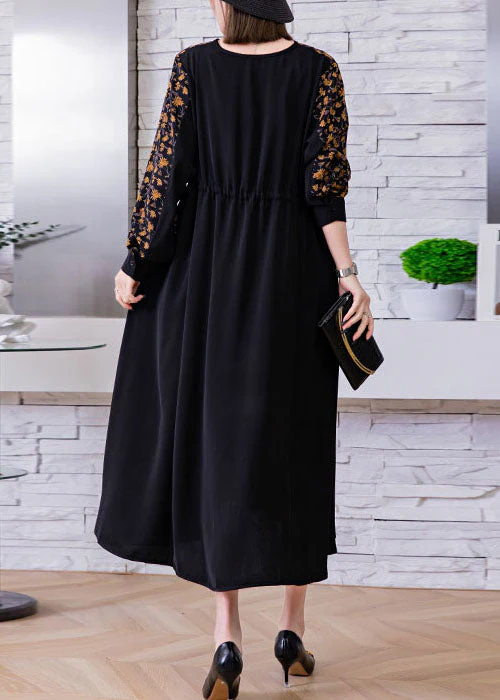 Plus Size Black tie waist V Neck print Patchwork Silk Holiday Dress Spring - Image 4