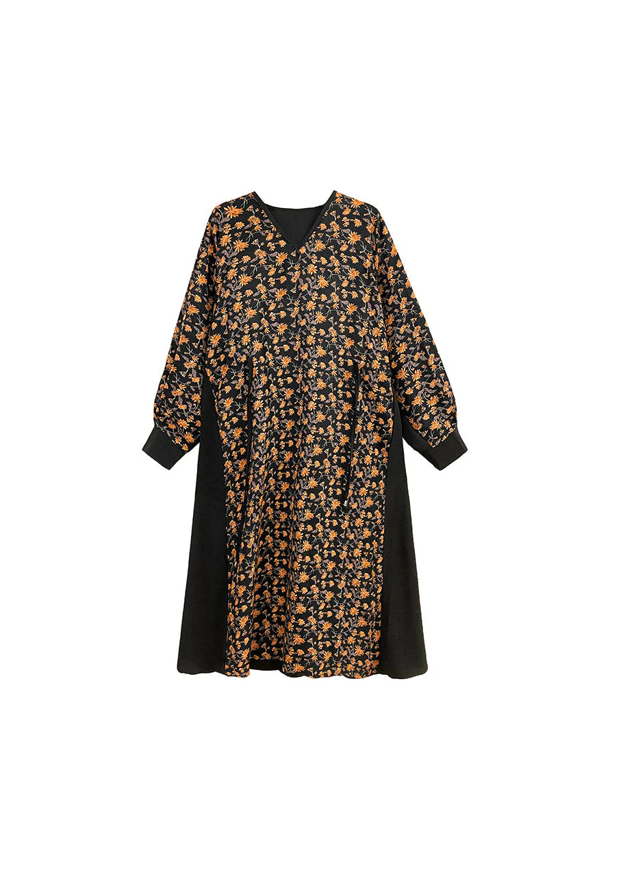 Plus Size Black tie waist V Neck print Patchwork Silk Holiday Dress Spring - Image 5