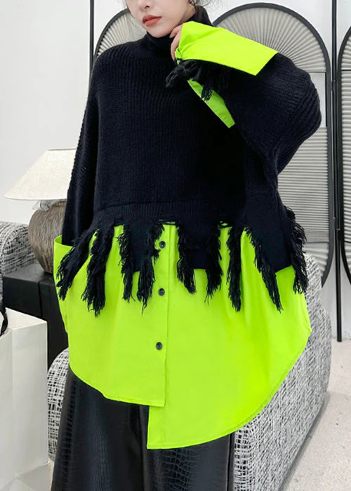 Plus Size Black Turtleneck Asymmetrical Patchwork Knit Sweater Winter