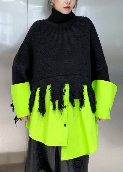 Plus Size Black Turtleneck Asymmetrical Patchwork Knit Sweater Winter - Image 2