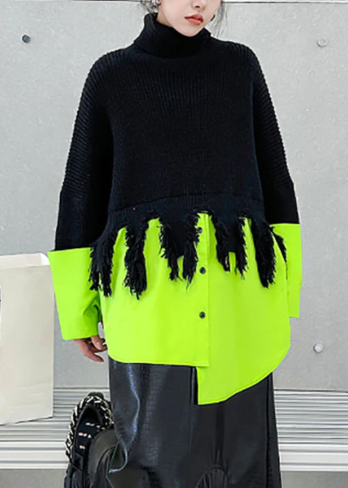 Plus Size Black Turtleneck Asymmetrical Patchwork Knit Sweater Winter - Image 3