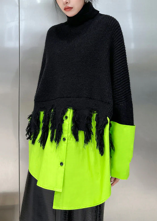 Plus Size Black Turtleneck Asymmetrical Patchwork Knit Sweater Winter - Image 4