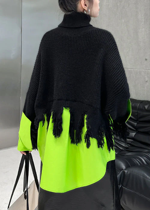 Plus Size Black Turtleneck Asymmetrical Patchwork Knit Sweater Winter - Image 5