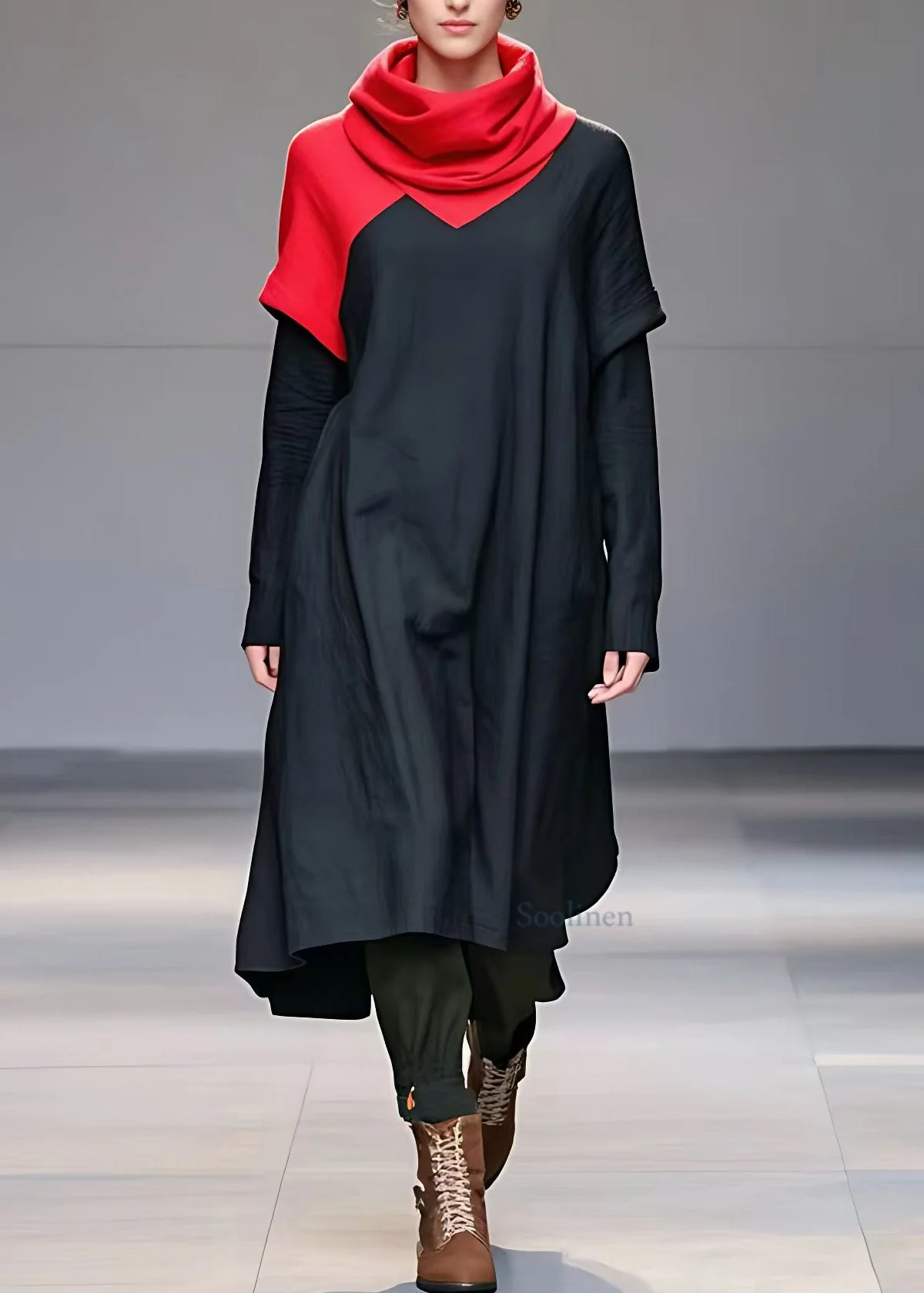 Plus Size Black Turtleneck Fake Two Pieces Holiday Long Dress Long Sleeve - Image 2
