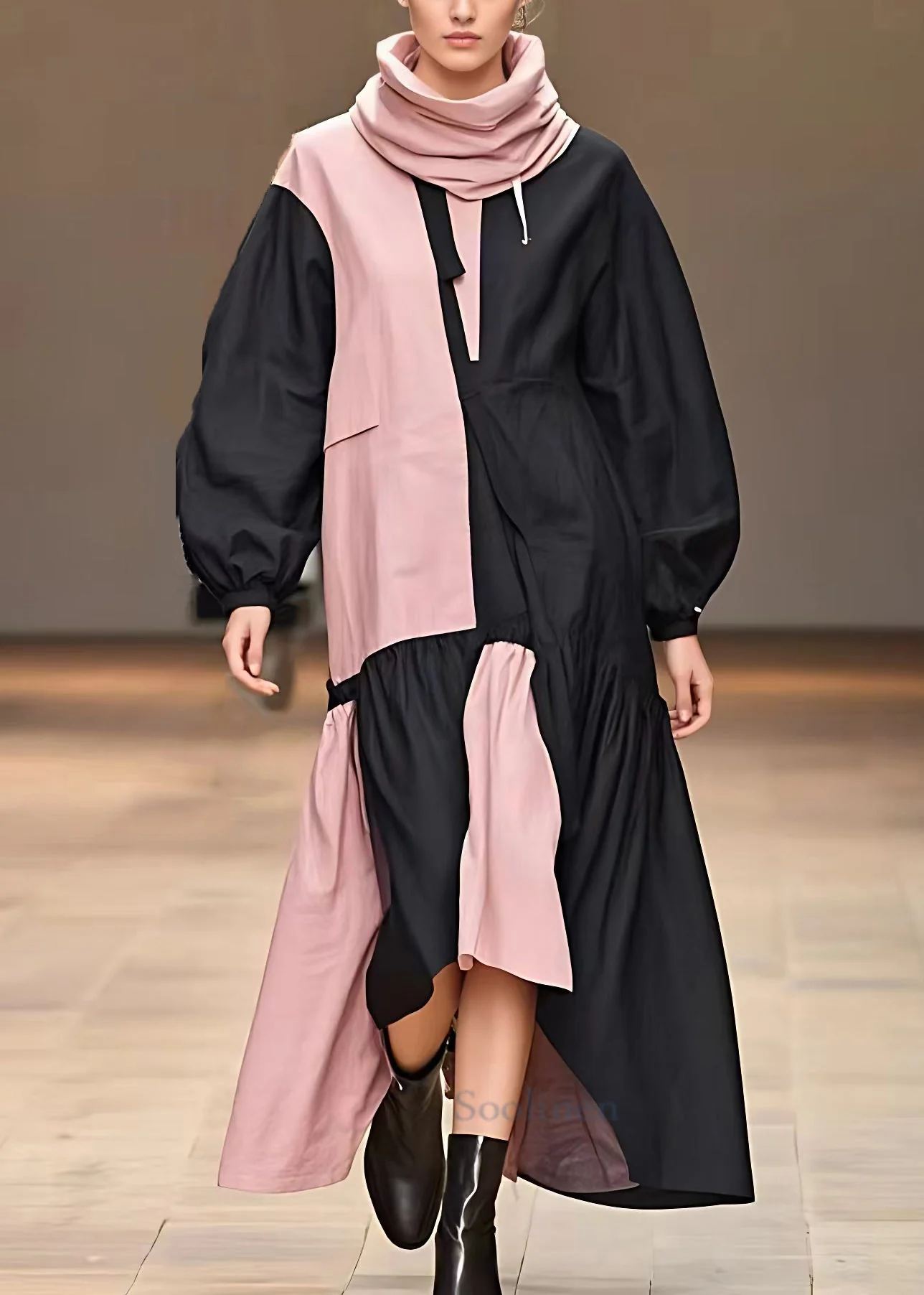 Plus Size Black Turtleneck Patchwork Cotton Dresses Fall - Image 2