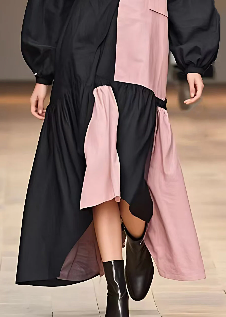 Plus Size Black Turtleneck Patchwork Cotton Dresses Fall - Image 5