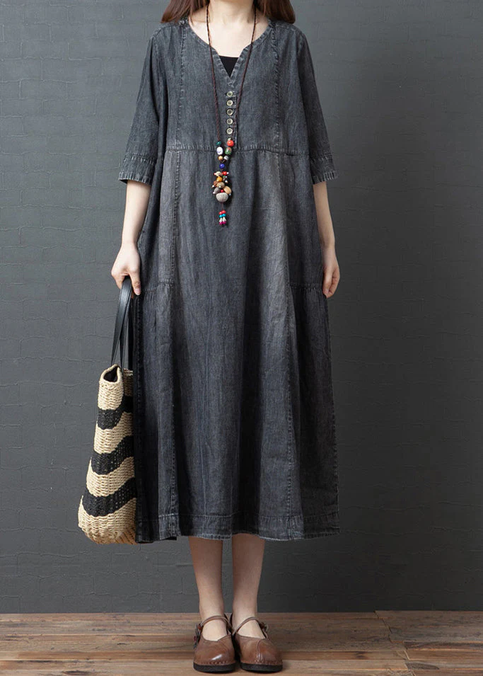 Plus Size Black V Neck Cotton Denim Holiday Dress Half Sleeve1