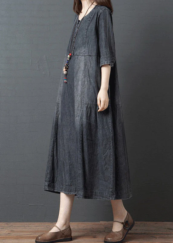 Plus Size Black V Neck Cotton Denim Holiday Dress Half Sleeve1 - Image 2