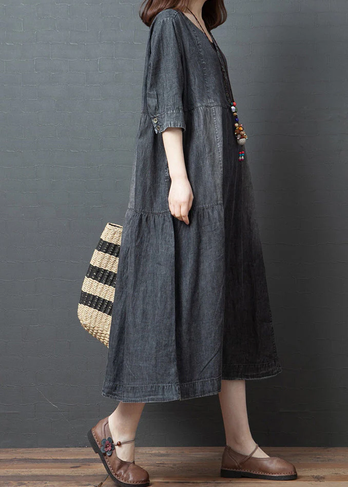Plus Size Black V Neck Cotton Denim Holiday Dress Half Sleeve - Image 3