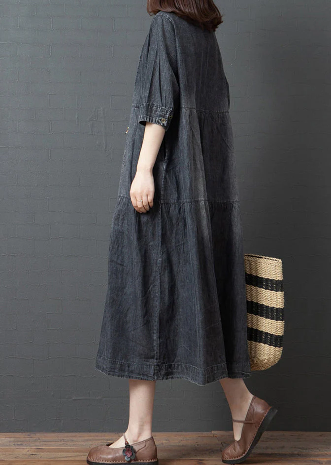 Plus Size Black V Neck Cotton Denim Holiday Dress Half Sleeve - Image 4