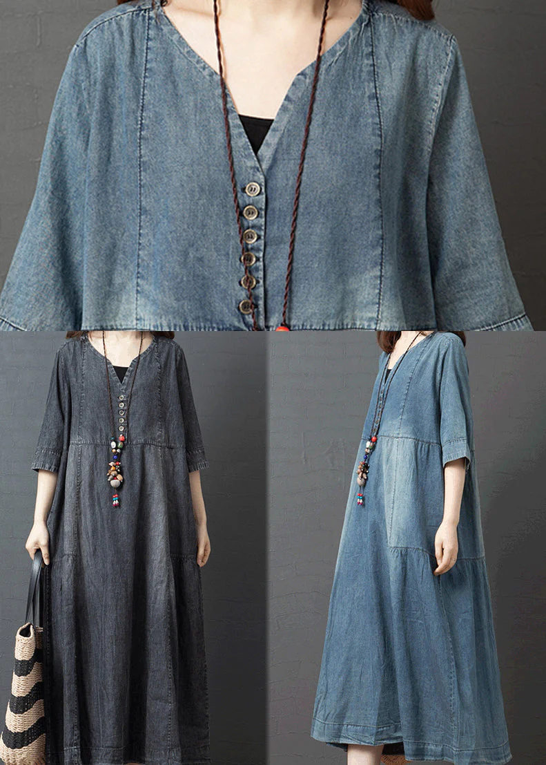 Plus Size Black V Neck Cotton Denim Holiday Dress Half Sleeve - Image 5