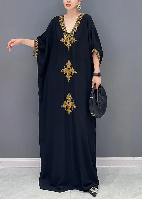 Plus Size Black V Neck Embroidered Cotton Maxi Dress Batwing Sleeve - Image 2
