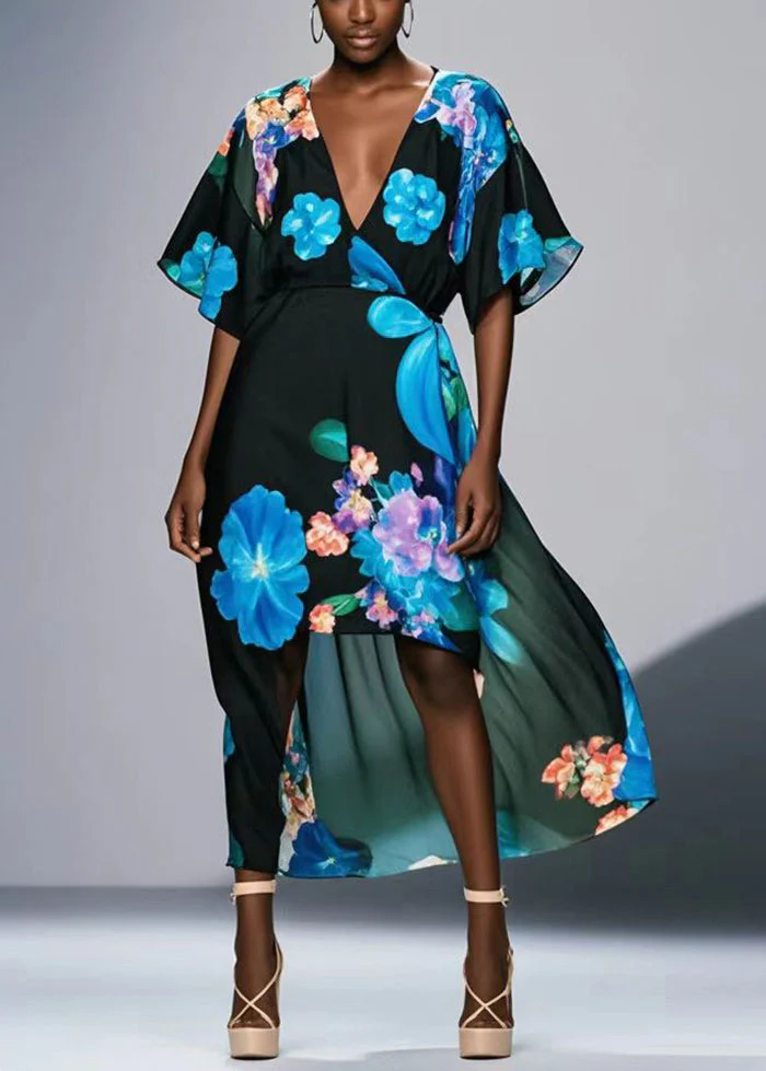 Plus Size Black V Neck Print Chiffon Long Dresses Summer - Image 5