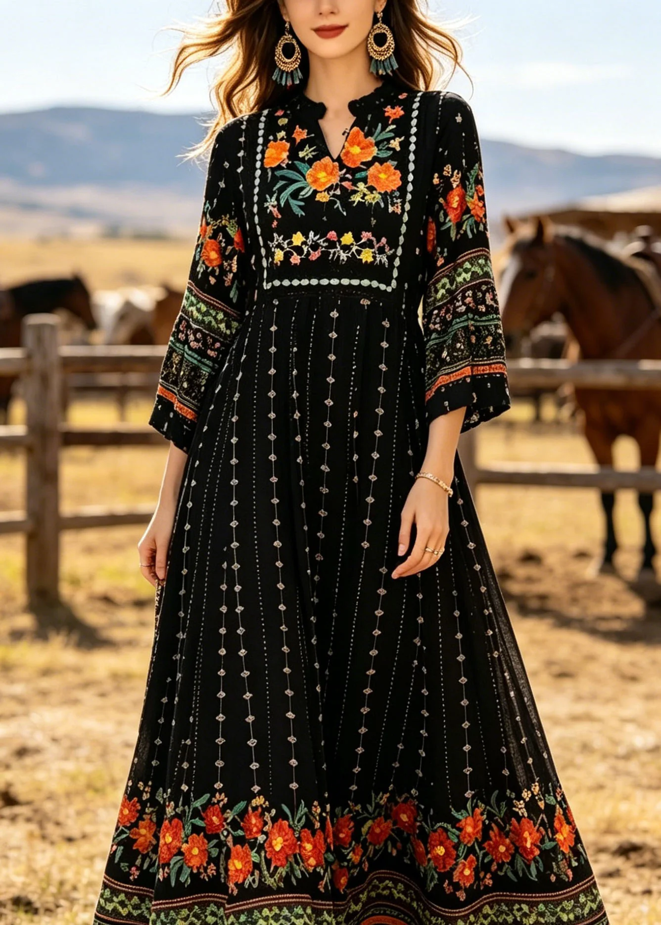 Plus Size Black V Neck Print Cotton Long Dress Summer - Image 2