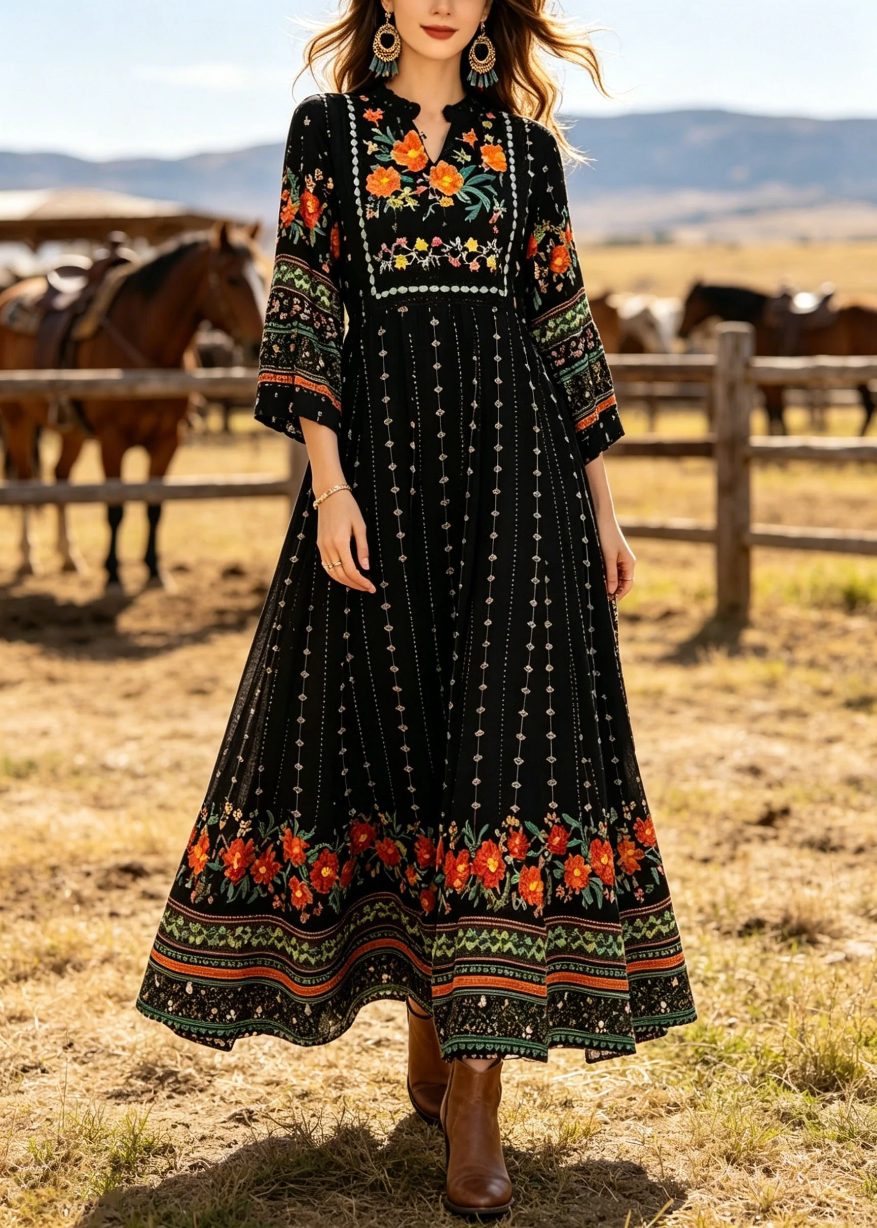 Plus Size Black V Neck Print Cotton Long Dress Summer - Image 3