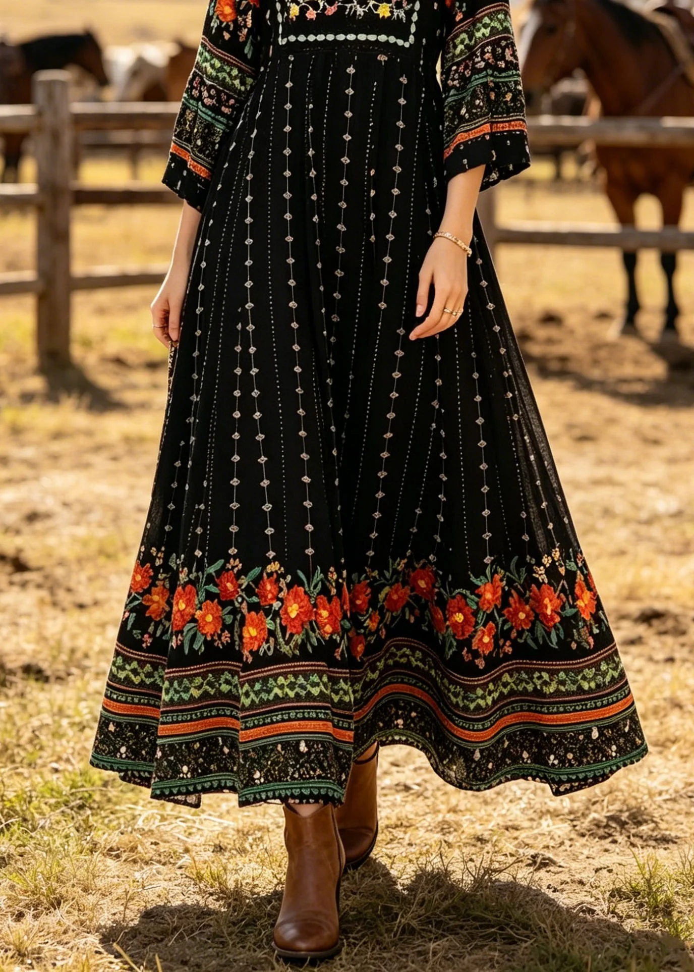 Plus Size Black V Neck Print Cotton Long Dress Summer - Image 4