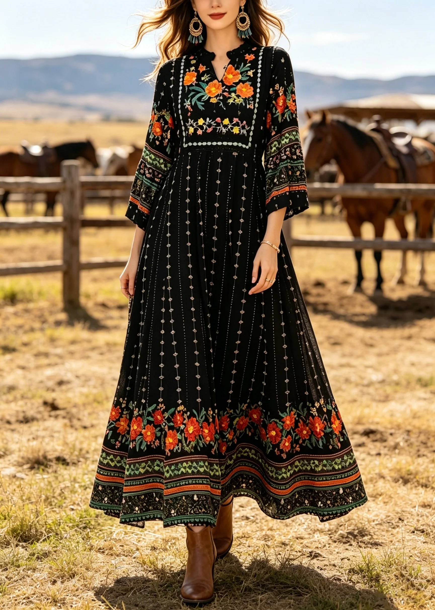 Plus Size Black V Neck Print Cotton Long Dress Summer - Image 5