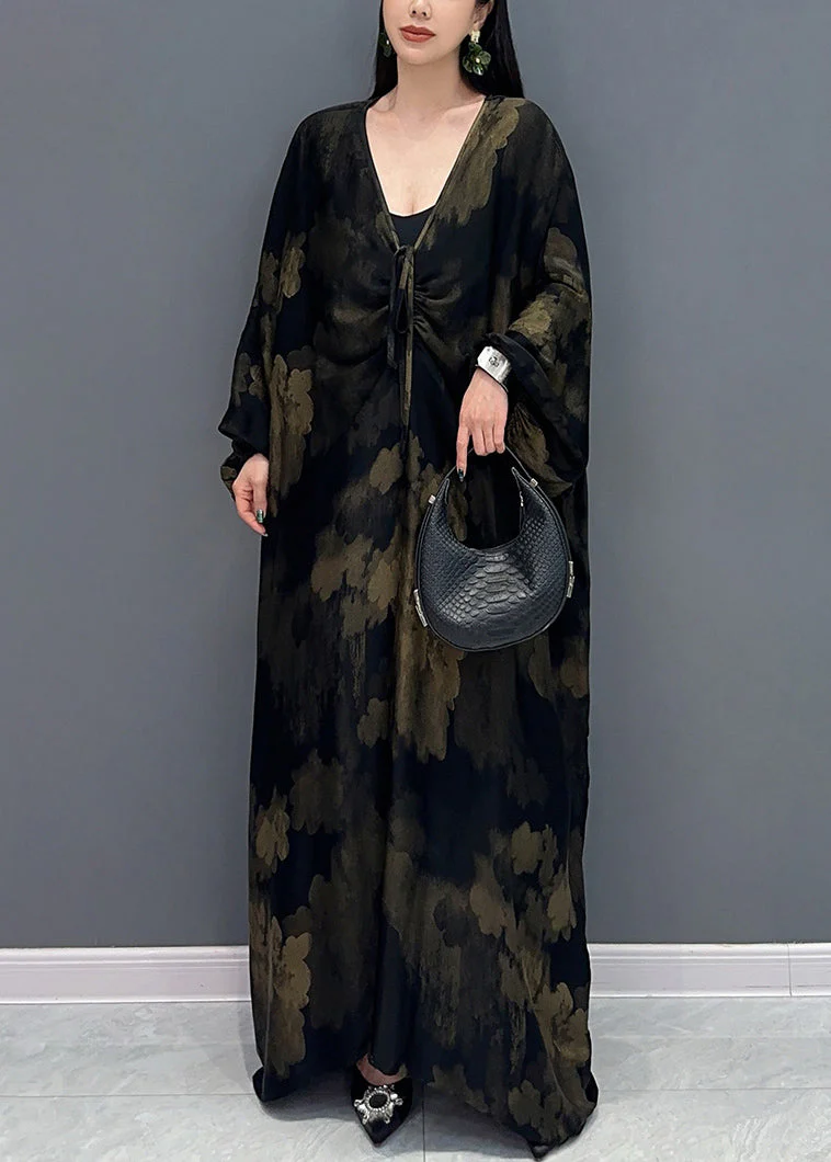 Plus Size Black V Neck Print Holiday Maxi Dress Long Sleeve - Image 2