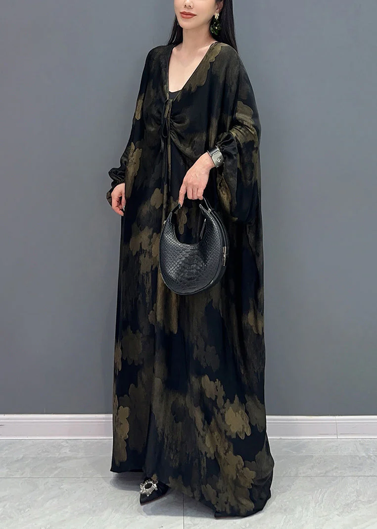 Plus Size Black V Neck Print Holiday Maxi Dress Long Sleeve - Image 3