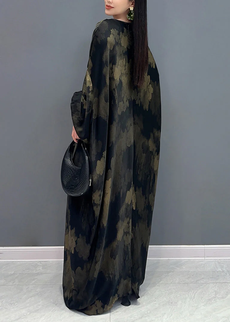 Plus Size Black V Neck Print Holiday Maxi Dress Long Sleeve - Image 4