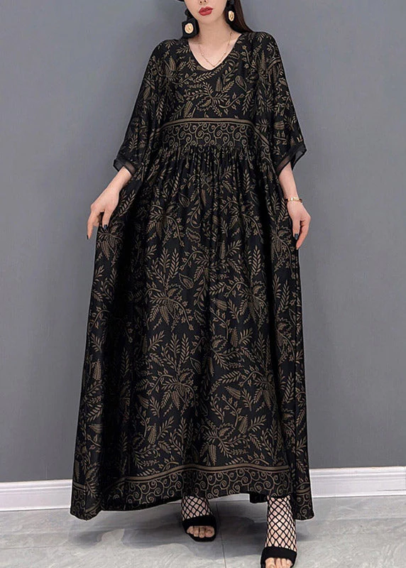 Plus Size Black V Neck Print Silk Long Dress Short Sleeve - Image 2